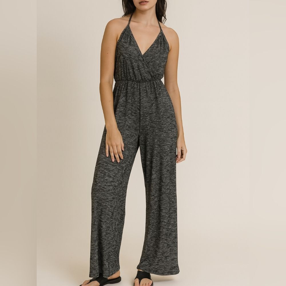 Charcoal Gray Heather Knit Jumpsuit XS Wide Leg Lounge Halter Tie Back Lightweig